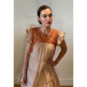 J Marie Mexican Embroidery Striped Mini Dress Mi Golondria UT Texas Orange Sz XS